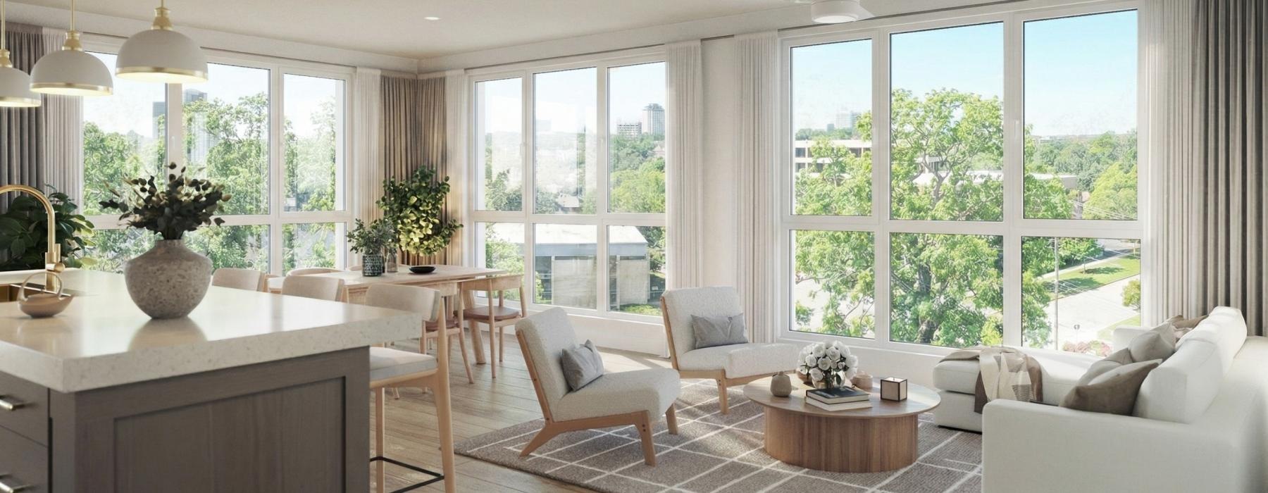 a living room with a couch, tables and chairs