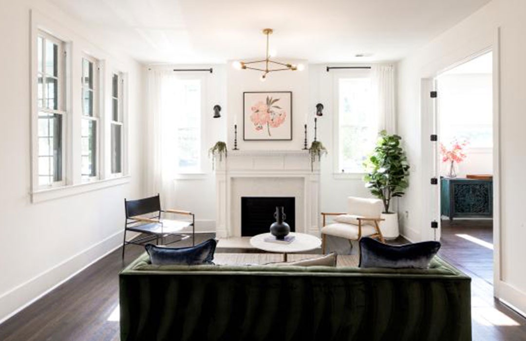 a living room with a fireplace