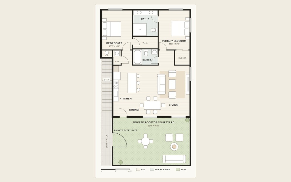 B - 2 bedroom floorplan layout with 2 bathrooms and 1438 square feet
